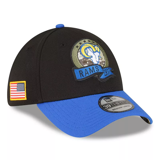 Men's New Era Black/Blue Los Angeles Rams 2022 Salute To Service 39THIRTY Flex Hat, Size: Medium/Large