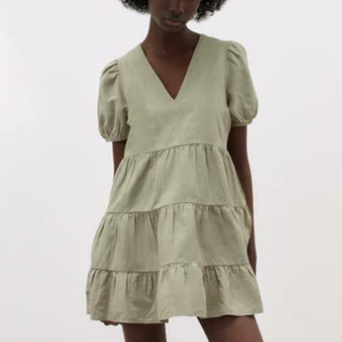 ZARA BNWT 2021. LIGHT KHAKI MINI DRESS LINEN BLEND TIERED V-NECK . 9189/024