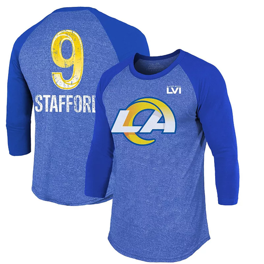 Men's Majestic Threads Matthew Stafford Royal Los Angeles Rams Super Bowl LVI Name & Number Raglan 3/4 Sleeve T-Shirt, Size: Medium, Blue