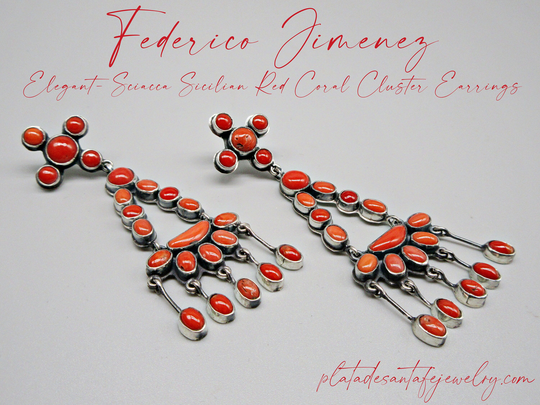 Federico Jimenez-Art Deco Designed-Premium Sicilian Red Coral Cluster Sterling Chandelier Earrings-Elegant & Chic