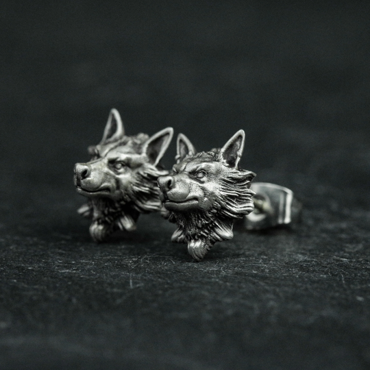 sterling Silver Wolf Head Earrings, Wild Animal Gifts For Men