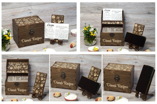 Recipe Box With Dividers & 4x6 Recipe Cards Cupcakes Phone Stand Personalized Engraved Wood Bridal Shower Mothers Day Christmas