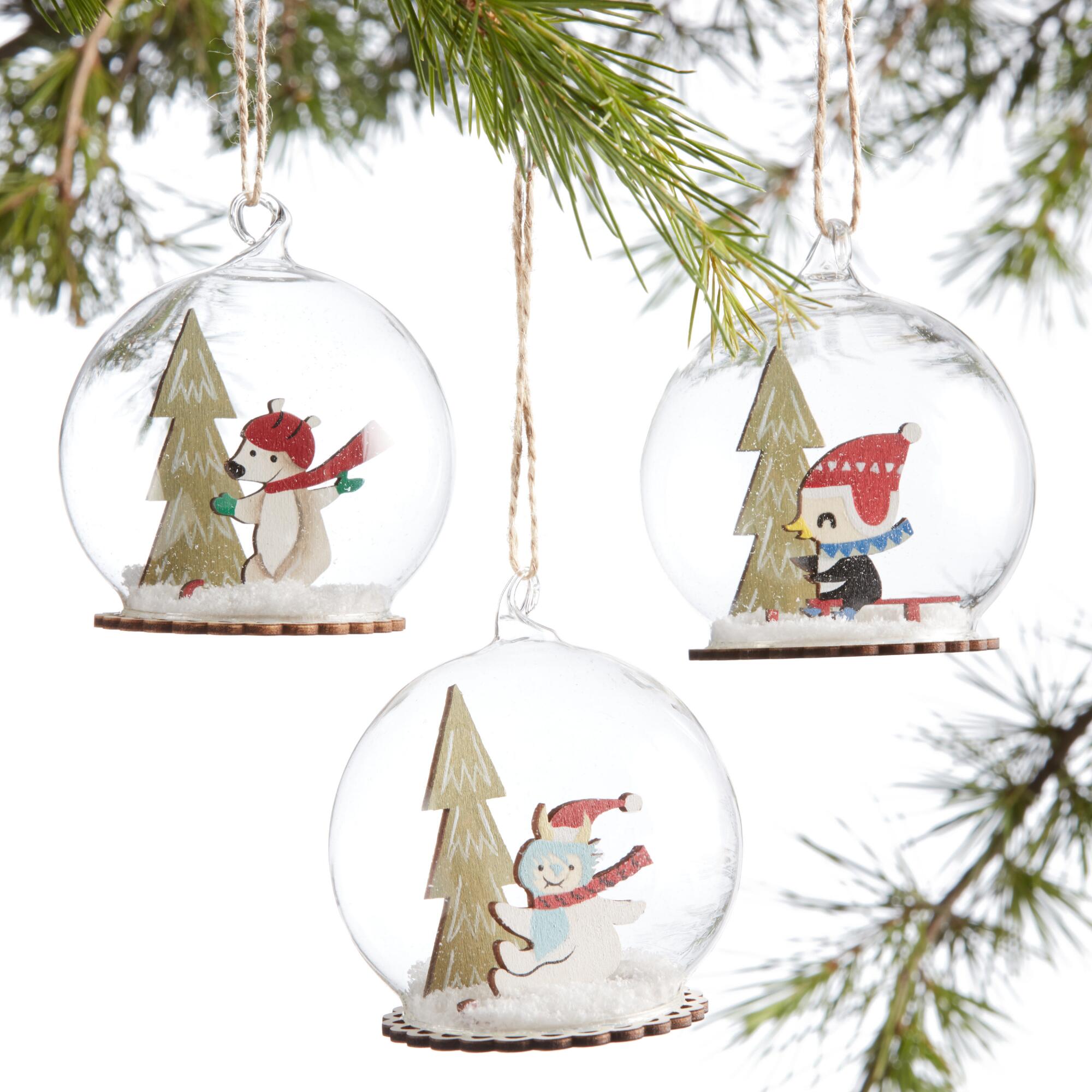 Glass and Wood Winter Character Cloche Ornaments Set of 3: Multi by World Market