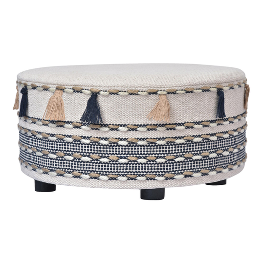 Round Natural Wool Upholstered Ottoman with Tassels by World Market