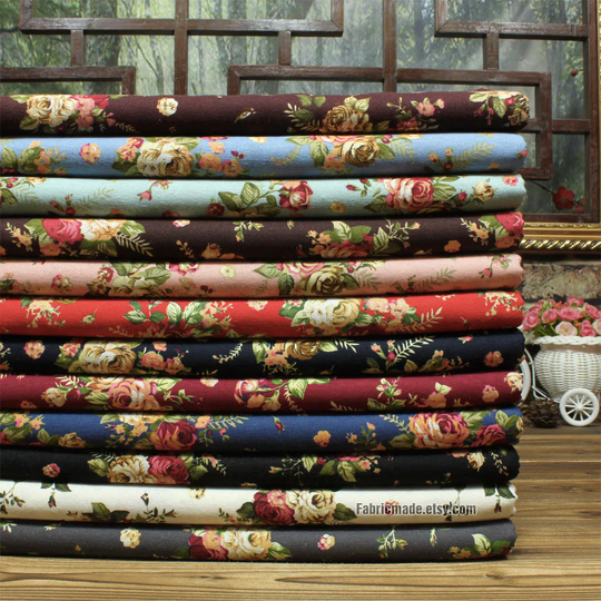 Floral Linen Cotton Blend Fabric, Vintage Rose Flower Fabric For Dress Bag Craft - 1/2 Yard