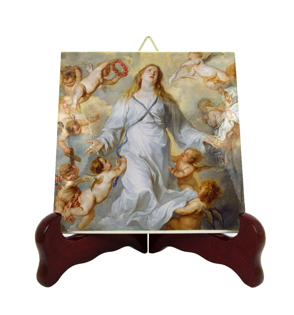 Catholic Gift - Assumption Of The Virgin Mary Holy Art Icon On Tile Inspired By Van Dyck Religious Gifts Catholic