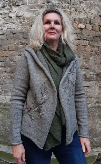 Embroidered Merino Wool Cardigan With Birds & Scottish Heather, Knitted Jacket Embroidery, Soft Casual Christmas Gift