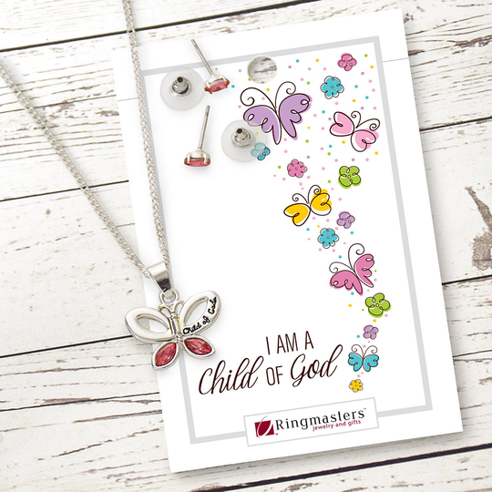 I Am A Child Of God Butterfly Necklace & Earring Set Perfect Gift For Baptism Primary Age Church Of Jesus Christ Latter Day Saints