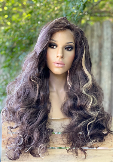 Human Hair Blend Wig Brown Wavy Blonde Highlights 13x3" Swiss Lace Front Wig, Hd Free Parting 22"
