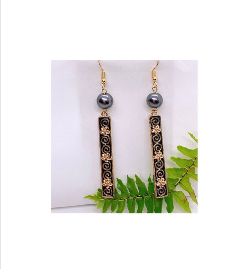 Hawaiian Plumeria Black Enamel Bar With Shell Pearls Hamilton Gold Earring Or Necklace