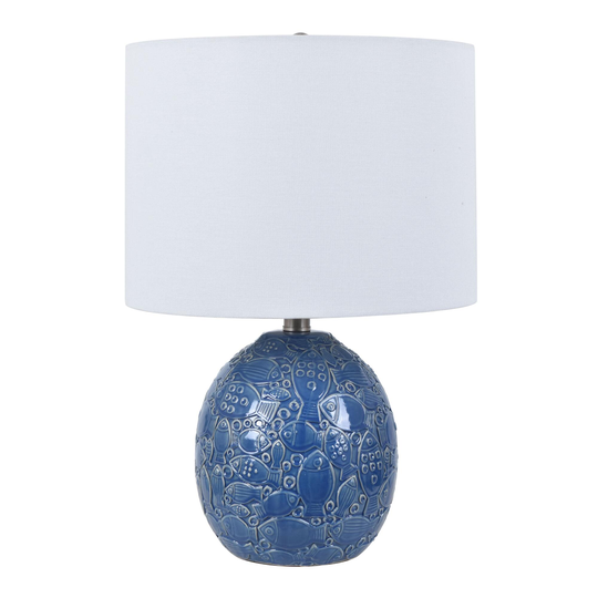 Blue Ceramic Embossed Fish Jay Table Lamp -