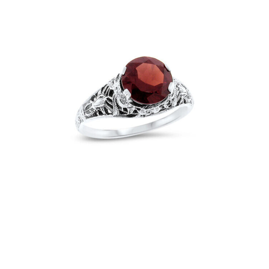 Vintage Estate Natural Garnet Solitaire Filigree Ring in 925 Solid Sterling Silver 975