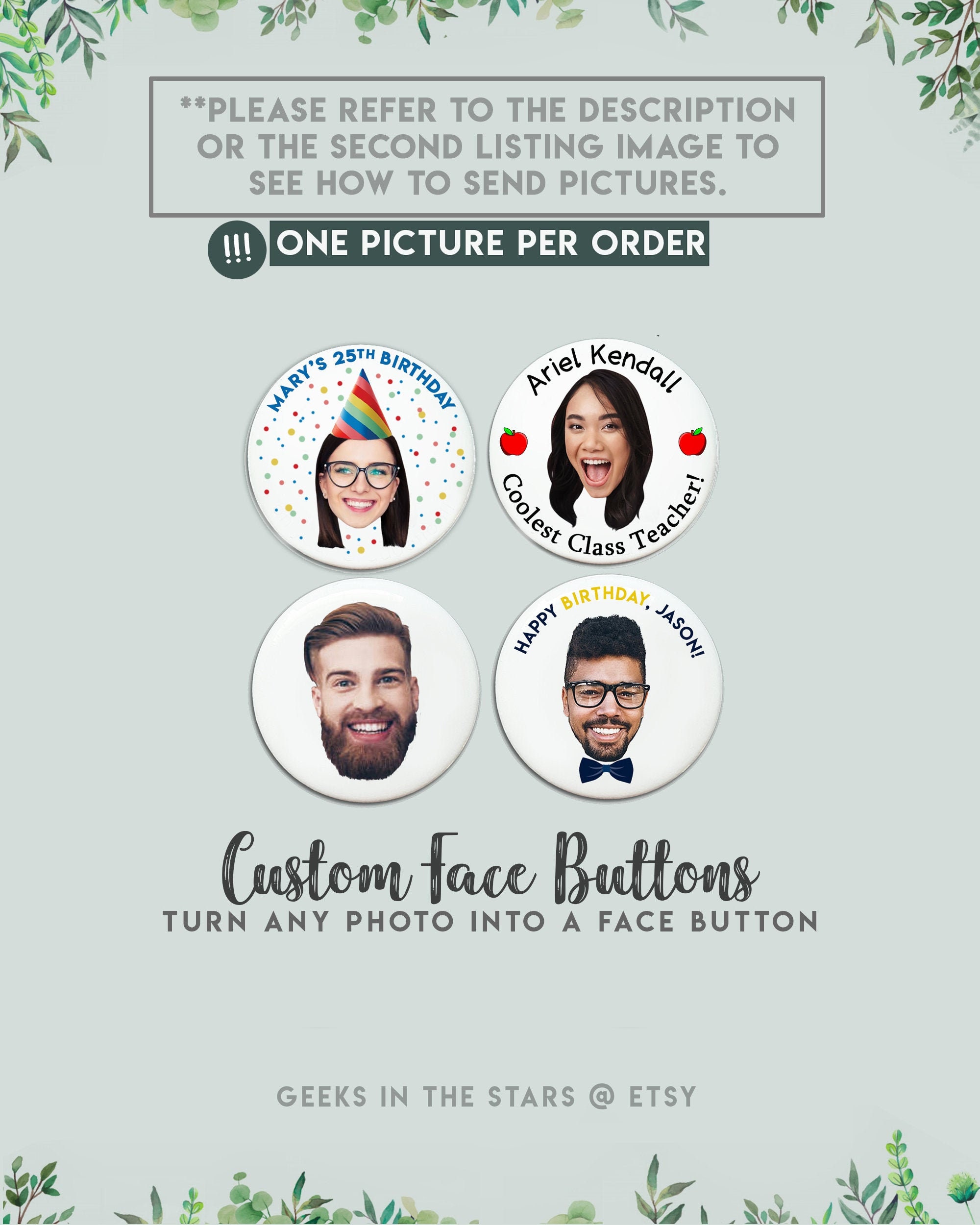 Custom Face Buttons | Badges Pinbacks Available in Sizes 1.25 & 2.25 Birthday Party Favor Engagement Wedding Bachelorette Bachelor"