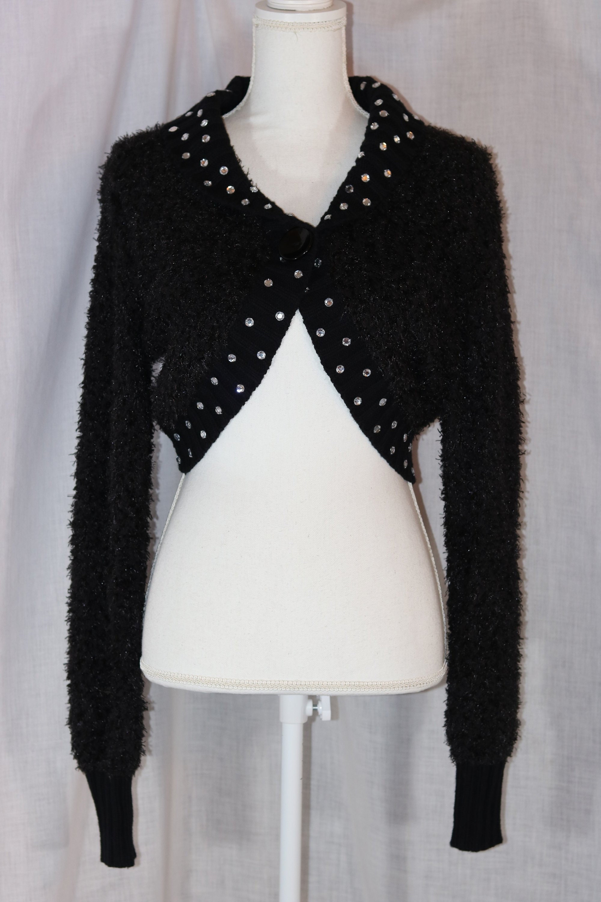 Vintage Banana Usa Black Acetate Blend Rhinestone Accents Long Sleeve Bolero Sweater Size Large