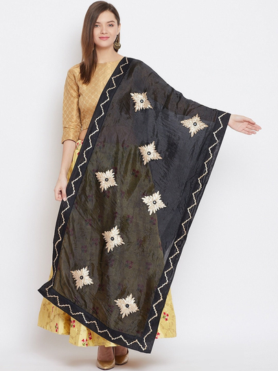 Women's Silk Blend Black & Gold-Toned Embroidered Dupatta, Gotta Patti Free Shipping