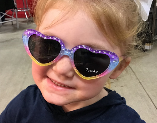 Age 1 To 3. Personalized Girls Sunglasses Engraved With A Name. Heart Shaped Frame Glitter. Pretty Colors
