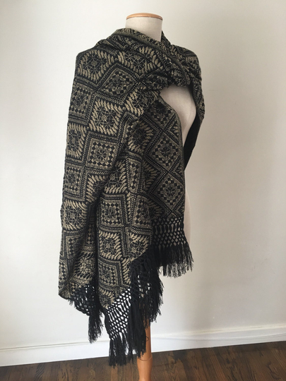 Mexican Rebozo Patzcuaro Michoacan Artesano Beige Black Handwoven Shawl Wrap Embroidered Design Pattern Handmade