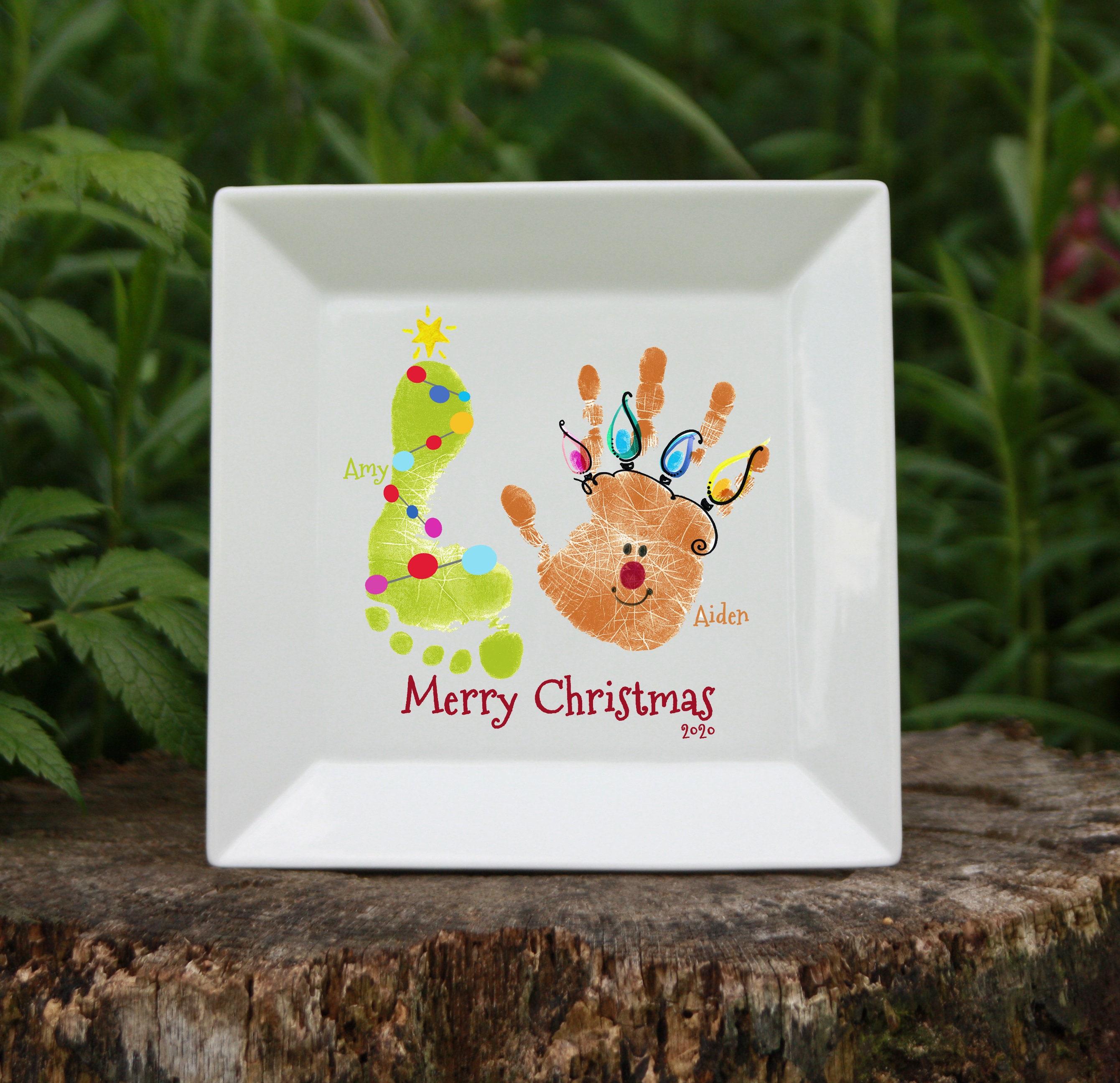 Christmas Tree/Reindeer Handprint Ceramic Keepsake Plates & Platters Mother's Day, Father's Grandma, Grandpa