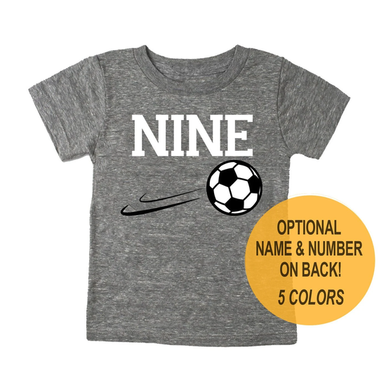 Ninth 9Th Birthday "Nine' Soccer Ball Tri Blend Youth 9 T-Shirt - Boy & Girl Tee Twins Triplets Gift