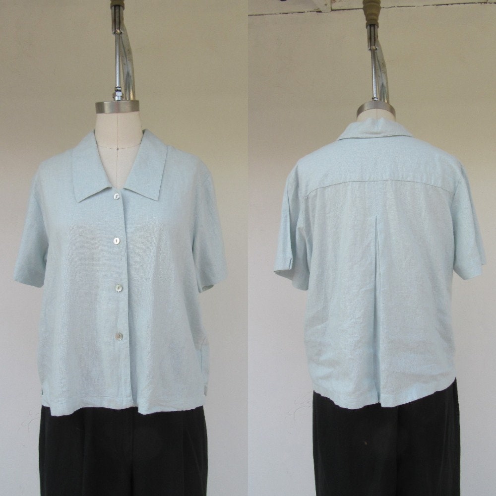 90S Minty Linen Blend Boxy Fit Button Front Blouse | Green Minimal Top Shirt M