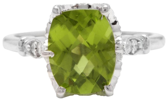 3.00 Carats Natural Peridot & Diamond 14K Solid White Gold Ring