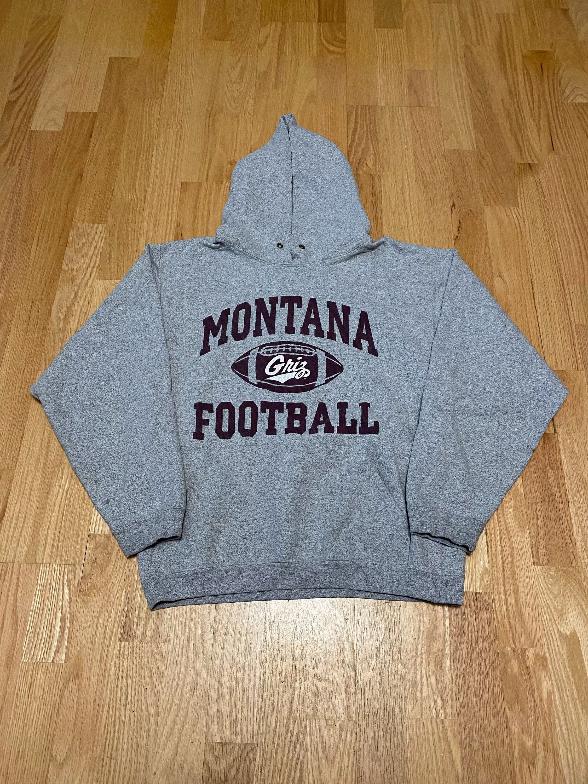 Vintage University Of Montana Grizzlies Football Cotton Exchange Gray Hoodie Sweatshirt Size Medium Made in Usa