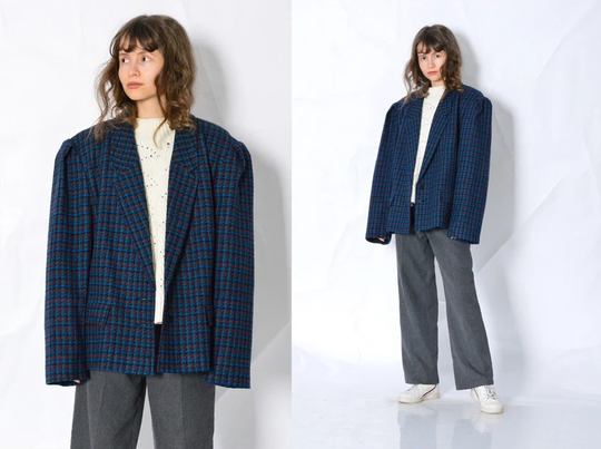 Vintage 80S Blue Check Wool Blend Blazer Womens Formal Preppy Jacket Size L