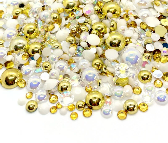 Goddess Blend Rhinestone Mix 2mm-10mm Flatback Jelly Resin | Faux Pearls Rhinestones Mixed Sizes White Gold