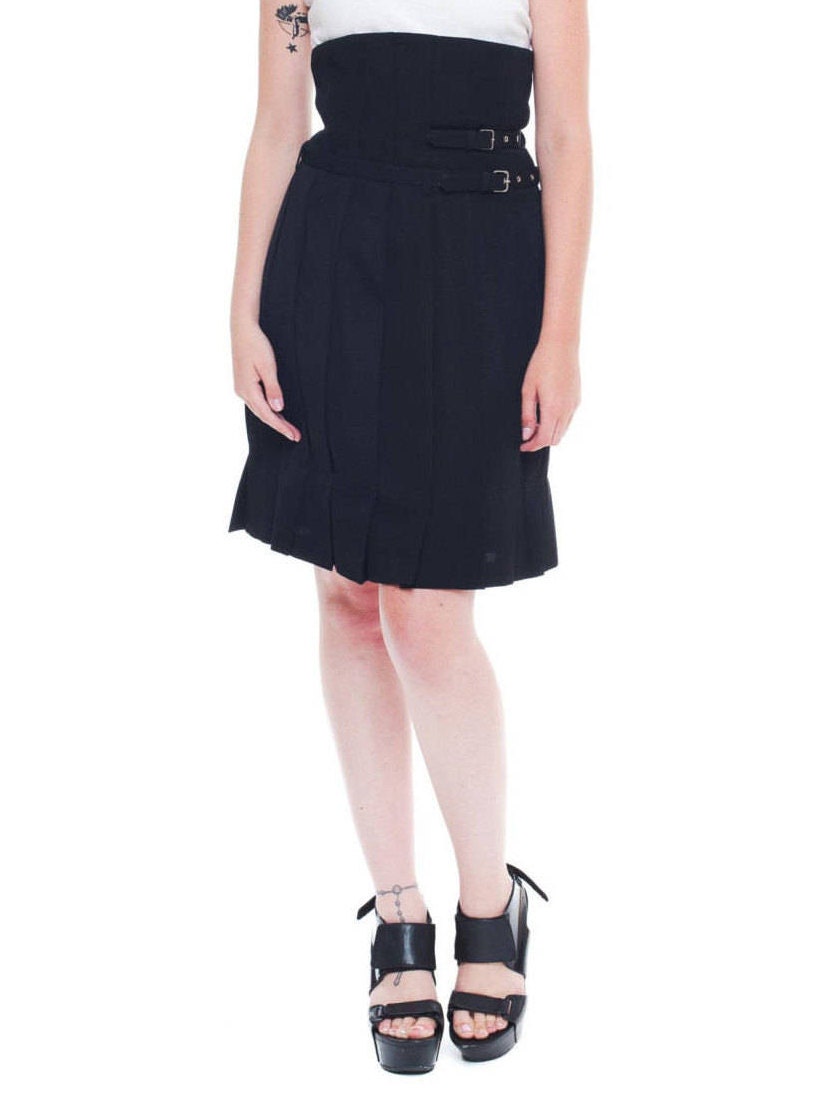 1980S Comme Des Garcons Black Wool Blend High Waisted Pleated Punk Skirt With Double Belt, Dated 1989