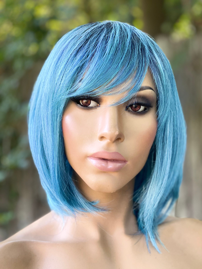 Human Hair Blend Wig Blue Short Bob Dark Roots Ombré With Bangs 10" Full Cap