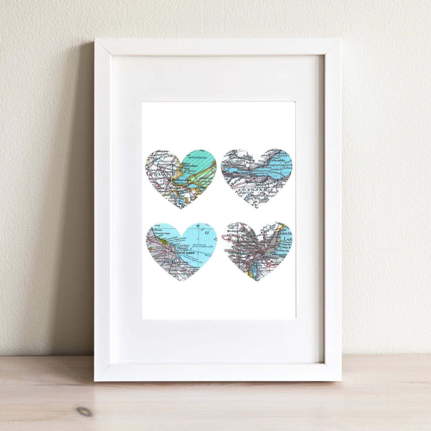 Four Heart Map Art Print. Print Only. No Frame. You Pick Cities Worldwide & Personalized Text. 4 Valentine's Day Couples Gift