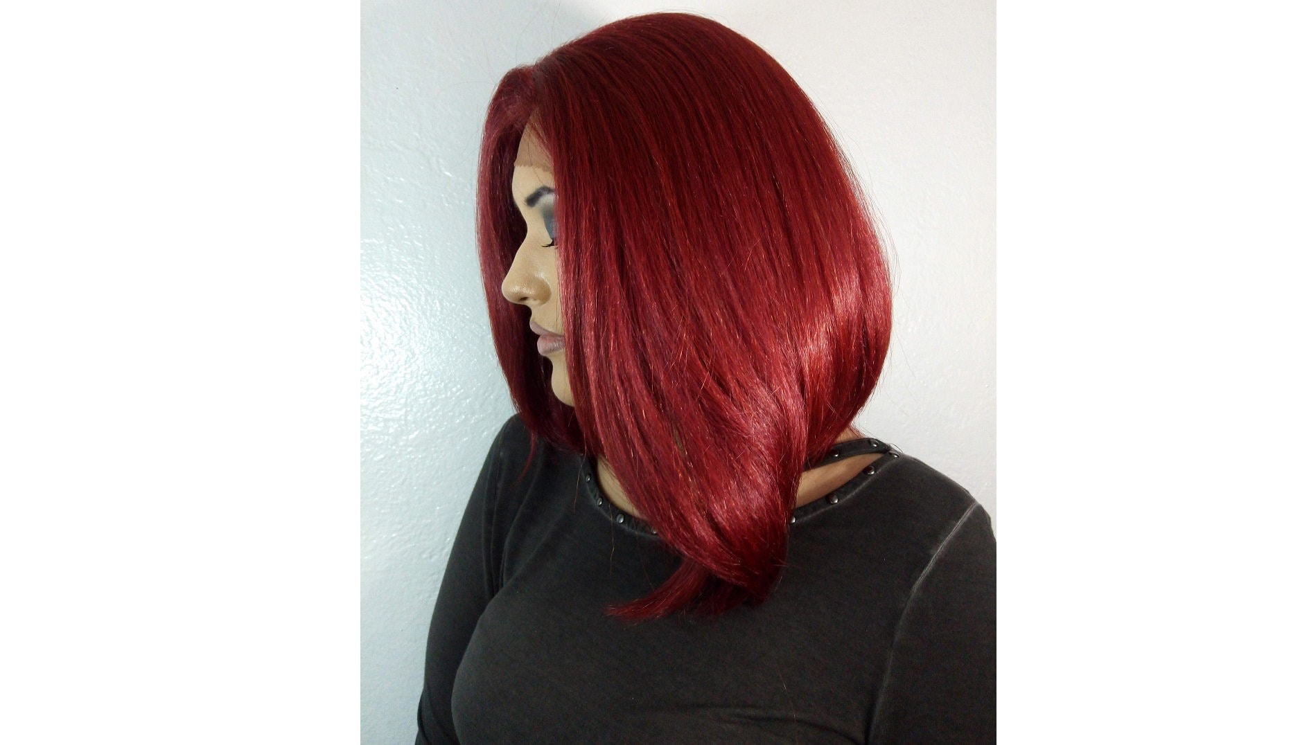 Human Hair & Synthetic Blend Wig Red Color Swiss Lace Front Long Sleek Bob Length 13 Inches Natural Yaki Stylish Bright Short
