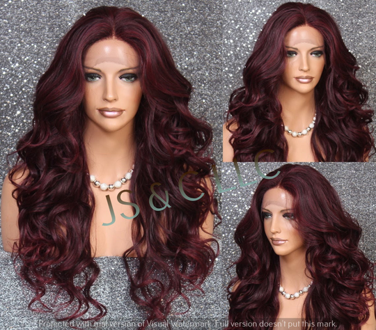 Human Hair Blend Full Lace Front Wig Center Hand Tied Part Burgundy Curly Layered Cancer/Alopecia/Cosplay