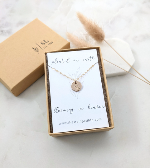 Miscarriage Gift, Memorial Necklace, Personalized Floral Charm, Blooming in Heaven, The Stamped Life