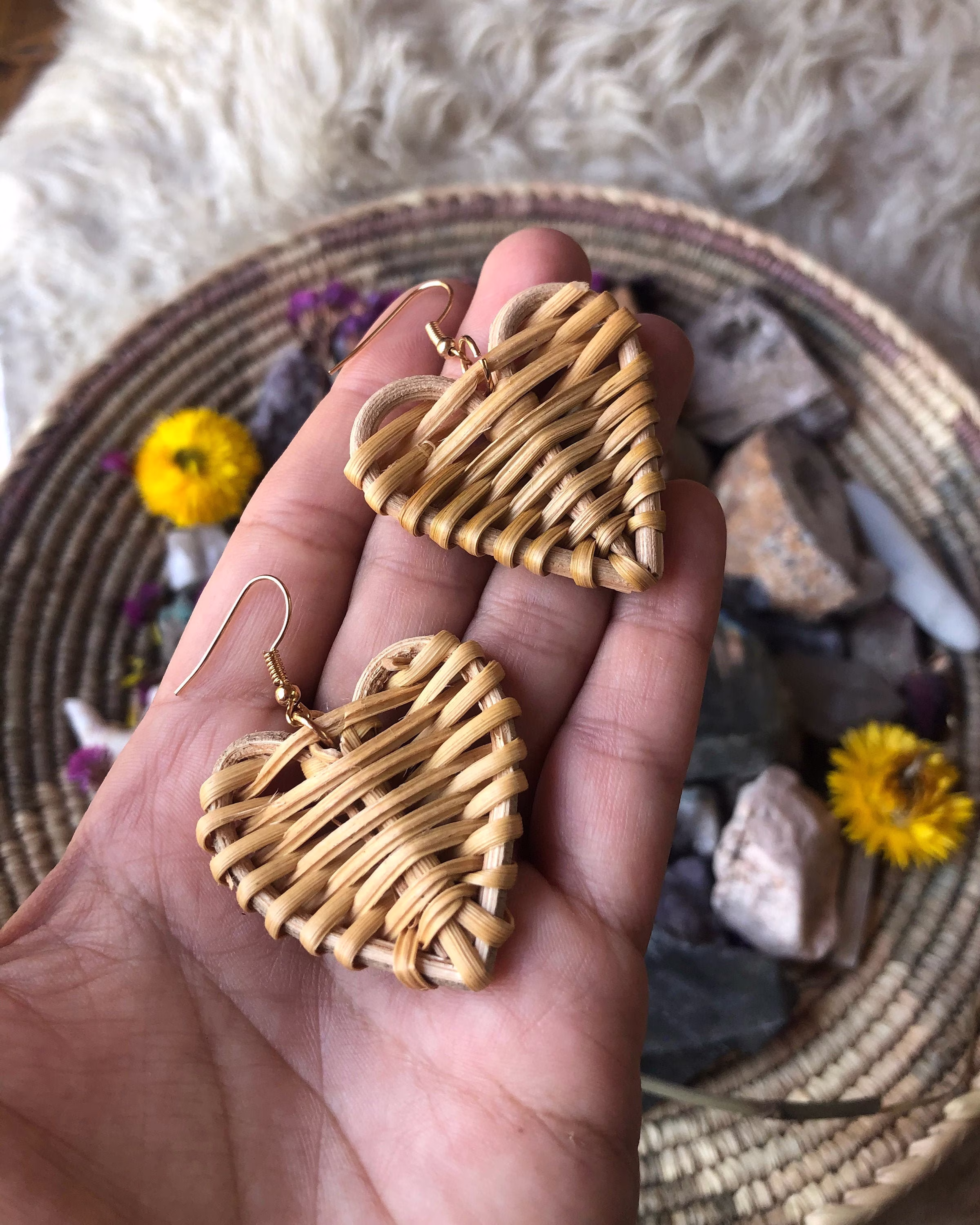 Heart Natural Rattan Wicker Earrings, Handwoven Braid Weave Dangle Woven Boho Jewelry, Round Circle Triangle Teardrop
