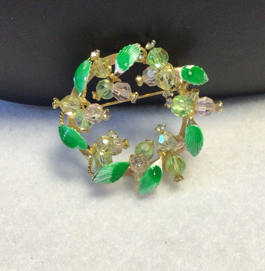 Vintage Green Enamel & Crystal Brooch