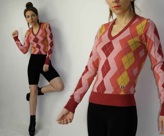 Fred Perry Argyle Sweater/Wool Blend Pullover Red Orange Light Preppy Style