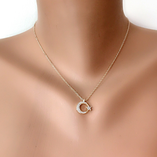 Gold Plated Star Moon Necklace, Rhinestone Pendants, Zircon Star Pendant, Jewelry, Fashion Jewelry, Gift For Her
