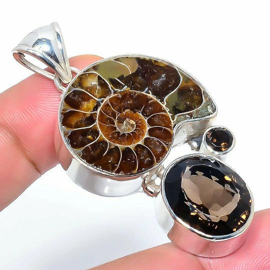 Ammonite Fossil Gemstone Sterling Silver Pendant With Smoky Topaz