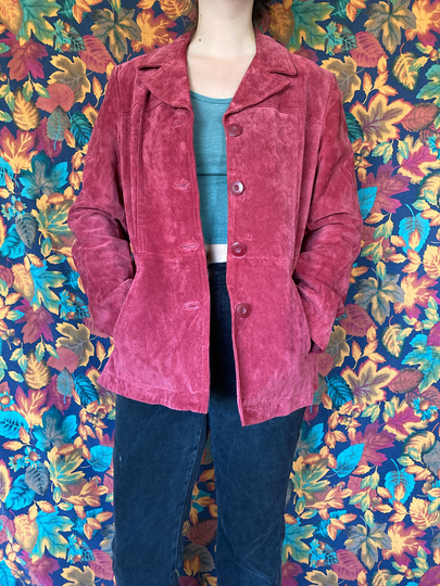 Cranberry Suede 90's Vintage Button Up Leather Jacket// M