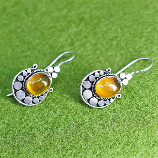 Vintage Sterling 925 Silver Handmade Earrings With Amber & Beads, Stamped