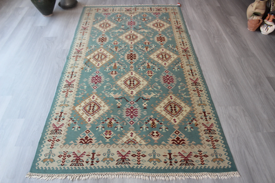 Blue Kilim Rug, Vintage Ethnic Kilim, Handwoven/4'4"x8' Feet N-528 Rug