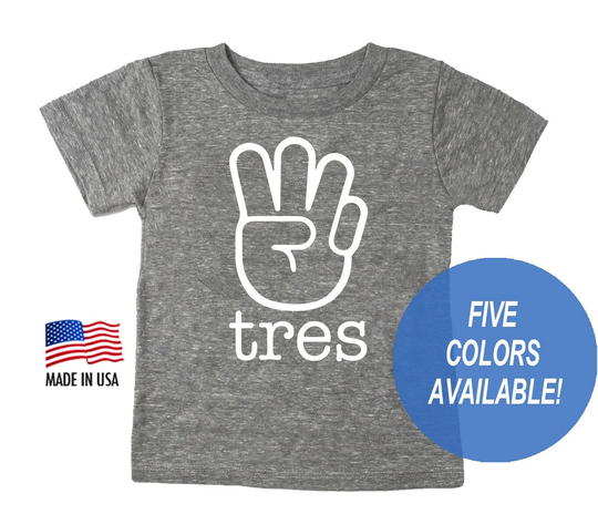 Three "Tres' Fingers Tri-Blend Third Birthday T-Shirt - Shirt For 3rd Toddler Sizes