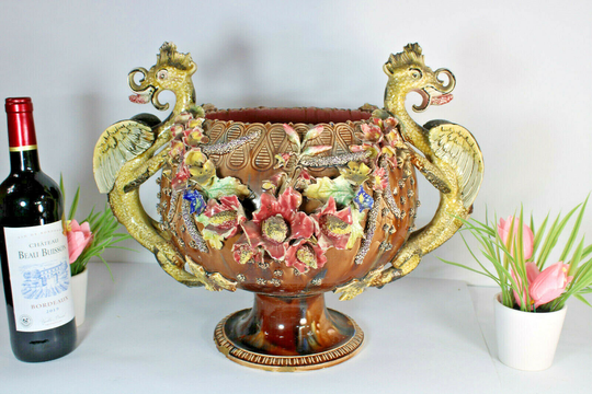 Antique Xl Art Nouveau Barbotine Majolica Dragon Planter Vase Flowers Rare 1900