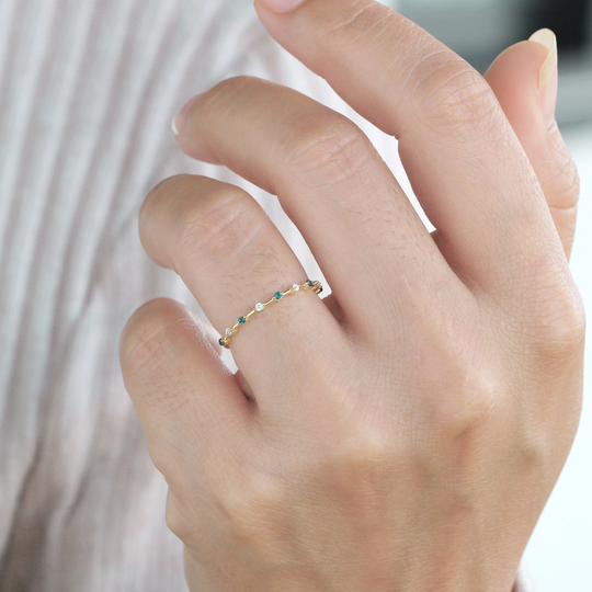 Natural Emerald Wedding Band, Diamond Ring, Half Eternity Solid 14K 18K White Gold, Dainty Stacking Stackable Ring