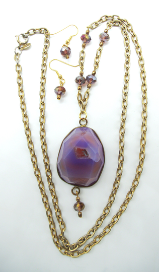 Handmade Necklace & Dangle Earring Set Purple Orange Geode On Vintage Gold Avon Chain