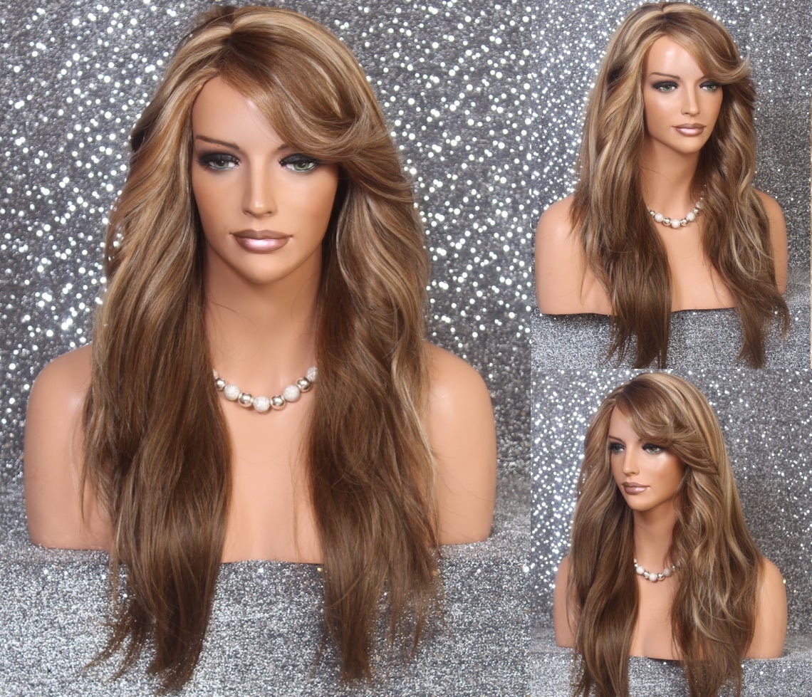 Human Hair Blend Dark & Light Blonde Brown Tangerine Mix Wig Wavy Sides Long Bangs Cancer Alopecia Theater Cosplay Club