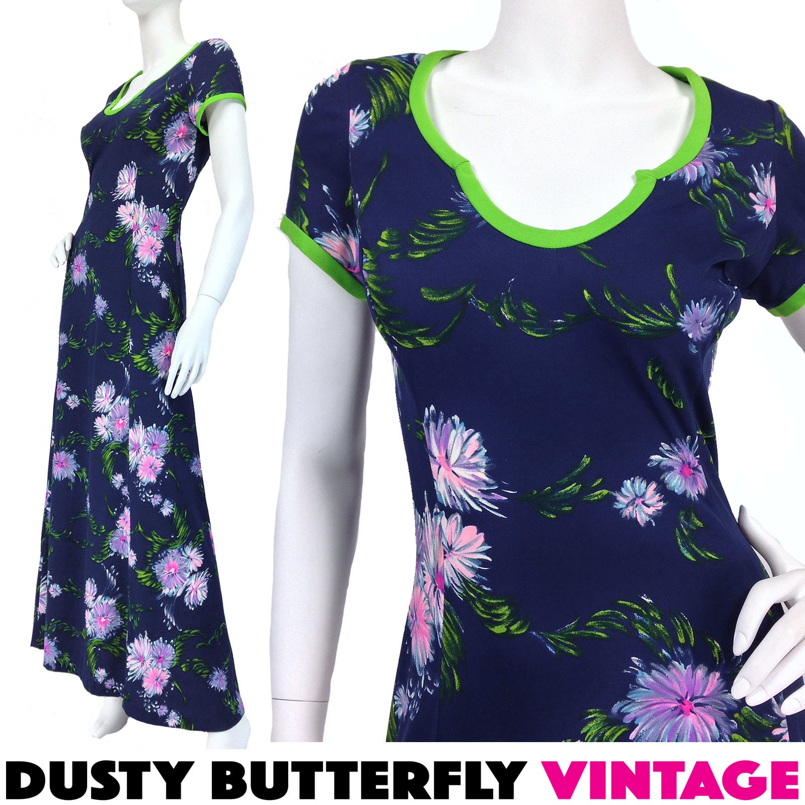 Vintage 70S Maxi Dress, Mod Floral Polyester Navy Blue Small Medium, Size 6 8 Us, 10 12 Uk