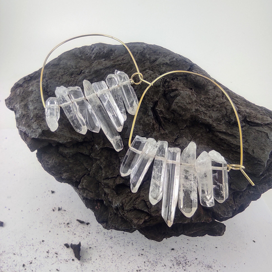 Quartz Crystal Earrings Brass Hoops Lightweight 18 Gauge