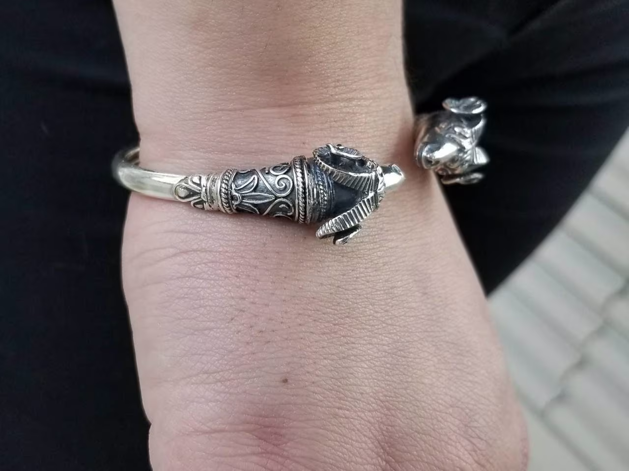 Ram Head Bracelet With Byzantine Designs in Sterling Silver 925